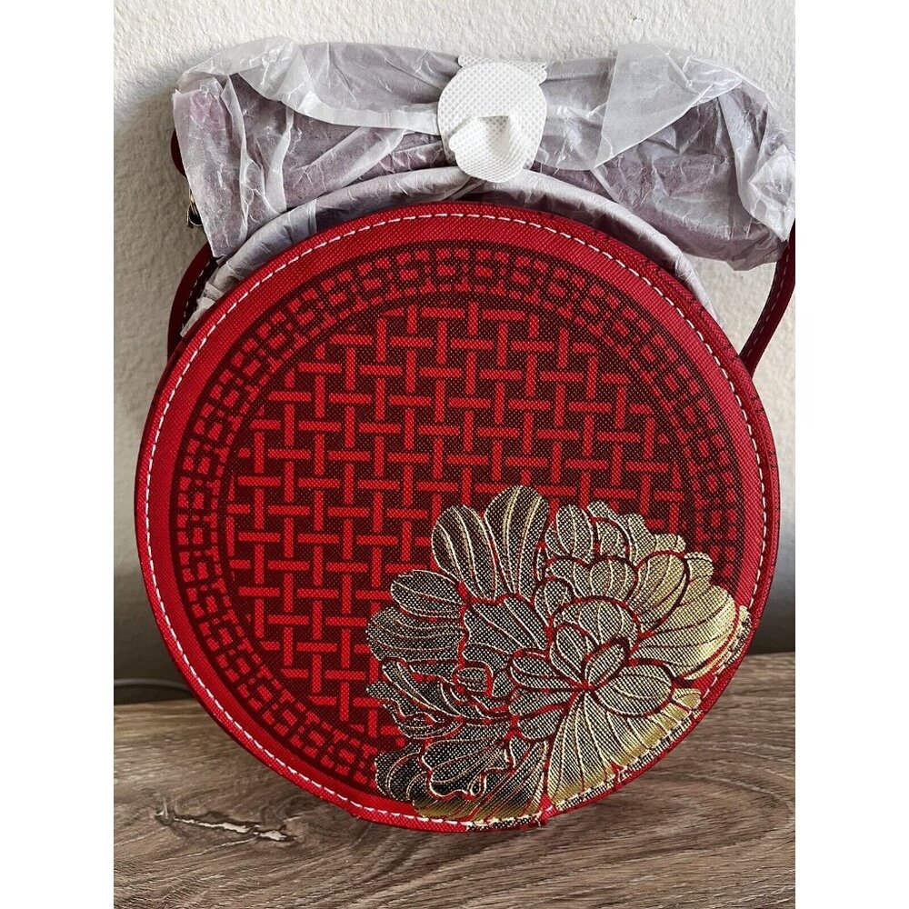ESTEE LAUDER Beauty Red Structured Round Bag Embossed Gold Flower Shoulder Bag